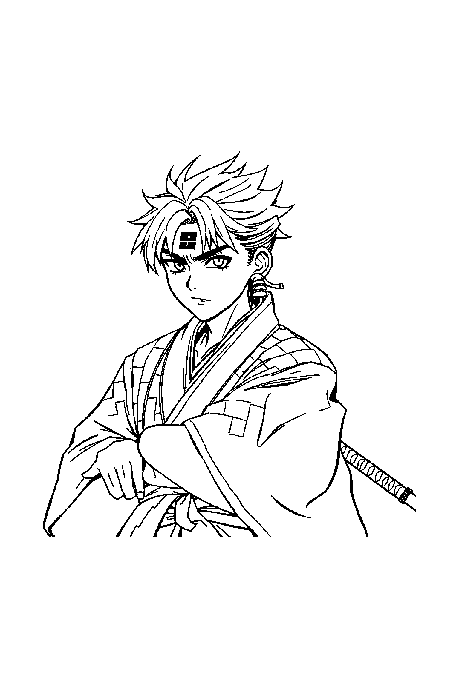 Coloriage Demon Slayer gratuit à imprimer - Inosuke posé au centre de la page Coloriage Demon Slayer gratuit à imprimer : Inosuke posé au centre de la page