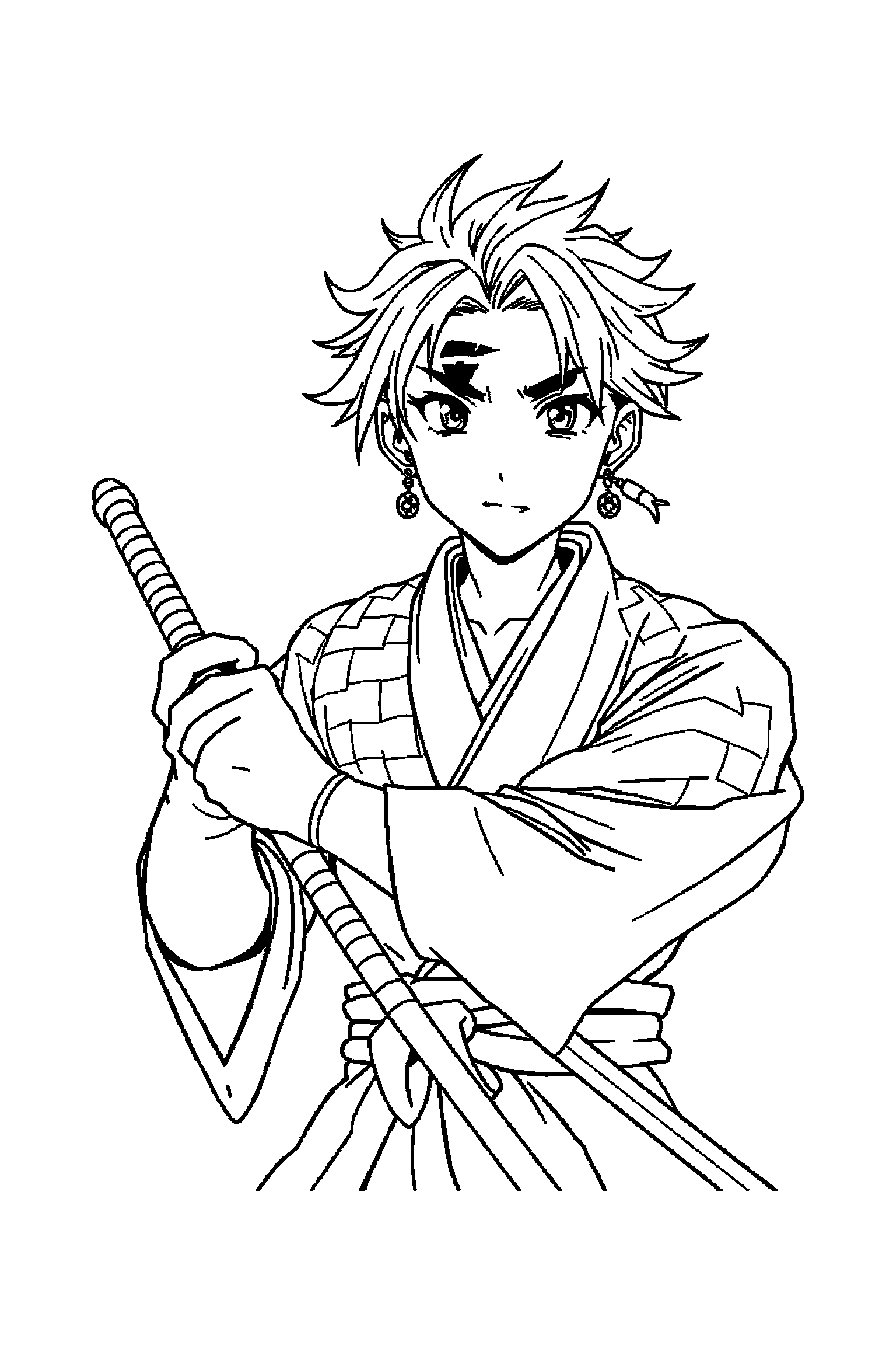Coloriage Demon Slayer gratuit à imprimer - un pourfendeur au sabre tenant une fleur Coloriage Demon Slayer gratuit à imprimer : un pourfendeur au sabre tenant une fleur