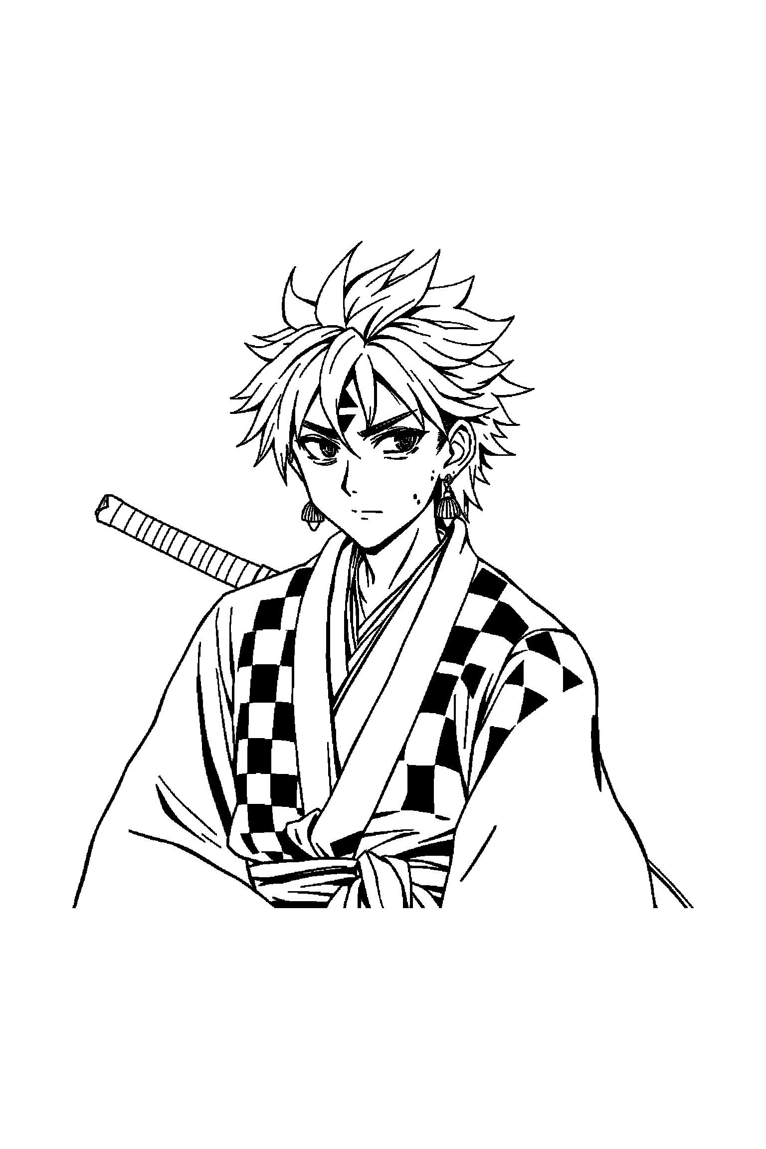 Coloriage Demon Slayer gratuit à imprimer - Tanjiro debout avec une posture simple et lisible Coloriage Demon Slayer gratuit à imprimer : Tanjiro debout avec une posture simple et lisible