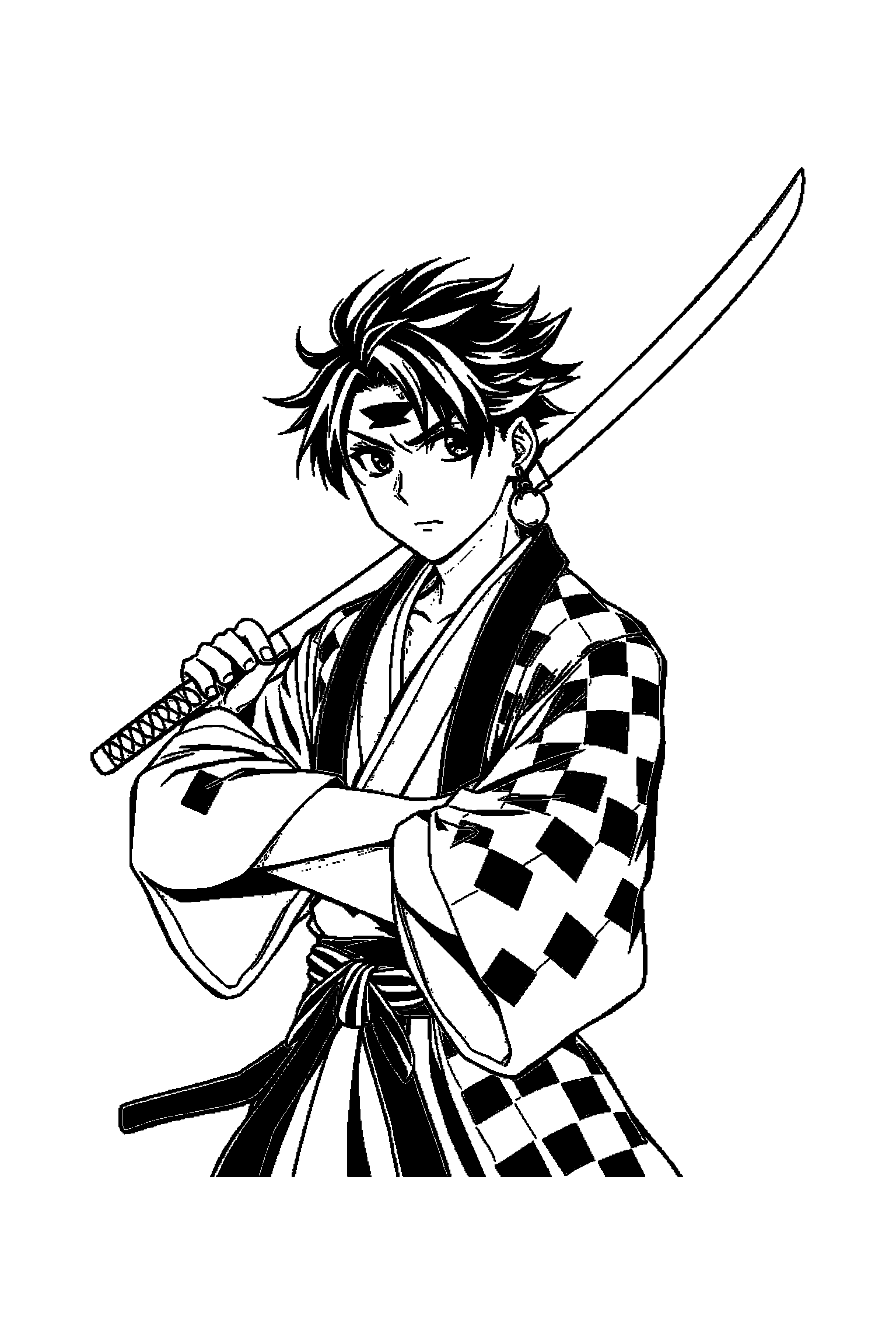 Coloriage Demon Slayer gratuit à imprimer - Zenitsu souriant devant un grand motif nuages japonais Coloriage Demon Slayer gratuit à imprimer : Zenitsu souriant devant un grand motif nuages japonais