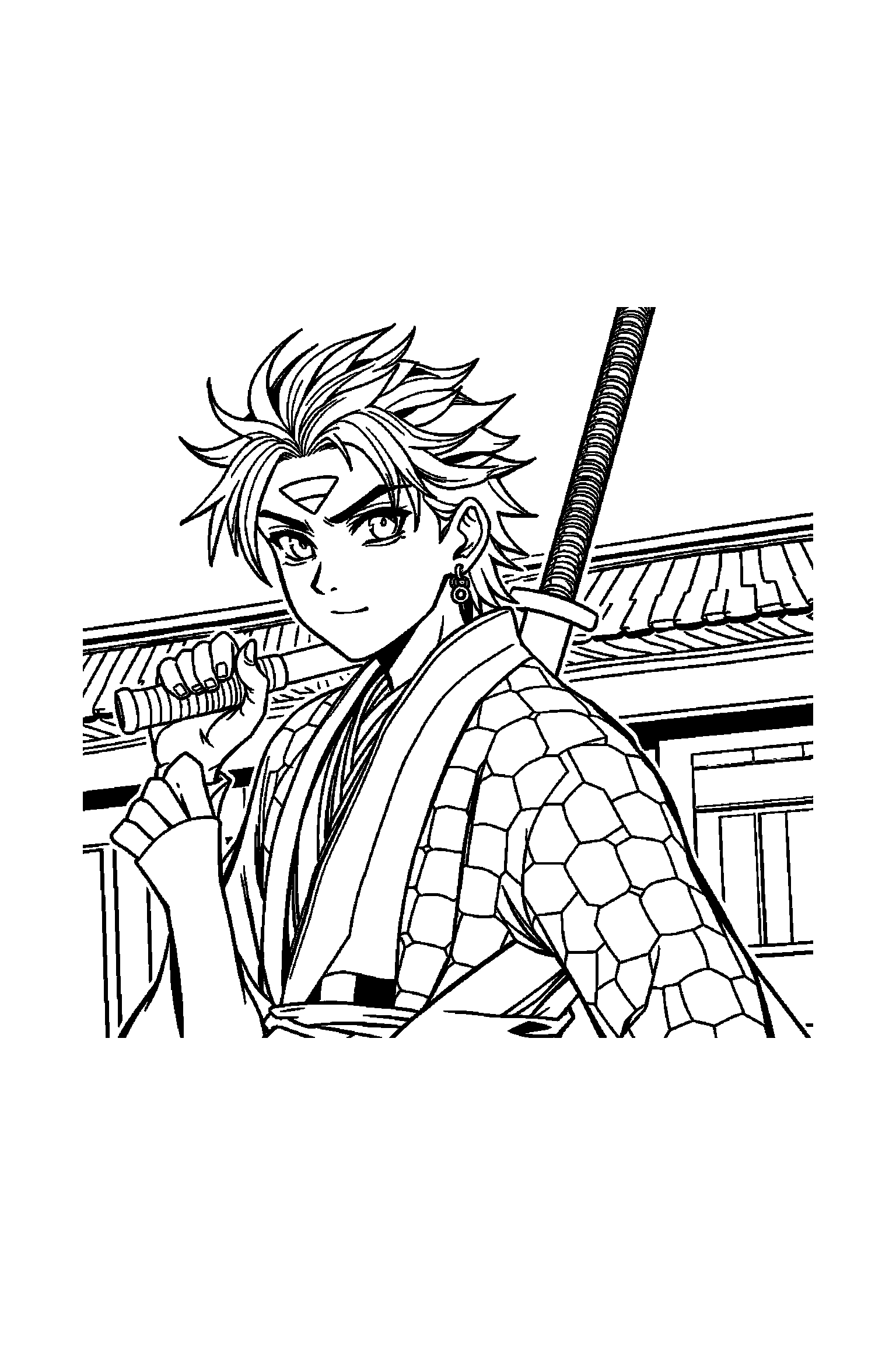 Coloriage Demon Slayer gratuit à imprimer - Inosuke avec un décor très simple Coloriage Demon Slayer gratuit à imprimer : Inosuke avec un décor très simple