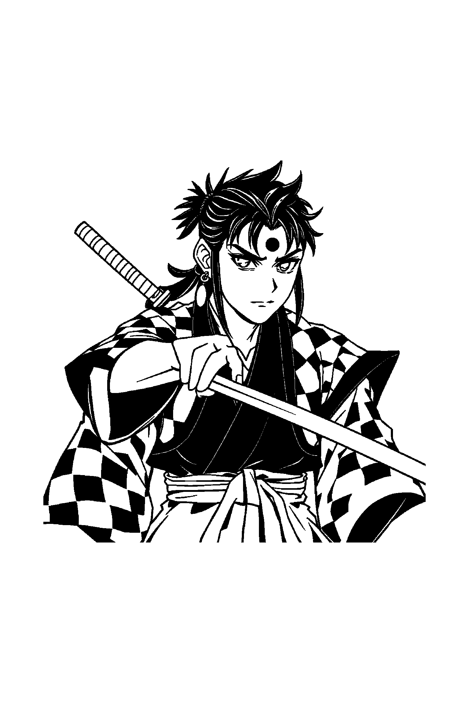 Coloriage Demon Slayer gratuit à imprimer - Zenitsu au centre avec nuages japonais en arrière-plan Coloriage Demon Slayer gratuit à imprimer : Zenitsu au centre avec nuages japonais en arrière-plan