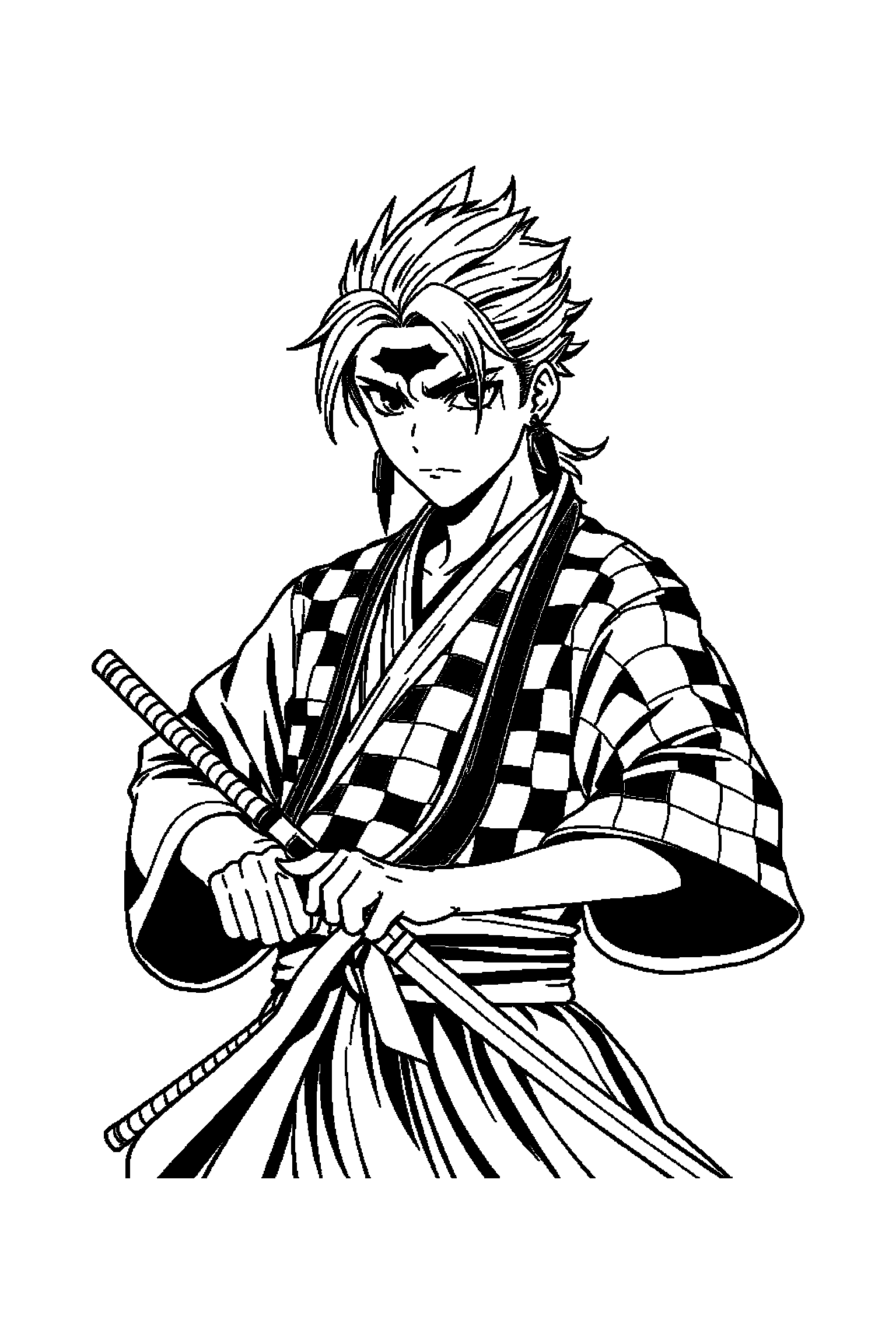 Coloriage Demon Slayer gratuit à imprimer - Inosuke qui regarde une cape à motifs Coloriage Demon Slayer gratuit à imprimer : Inosuke qui regarde une cape à motifs