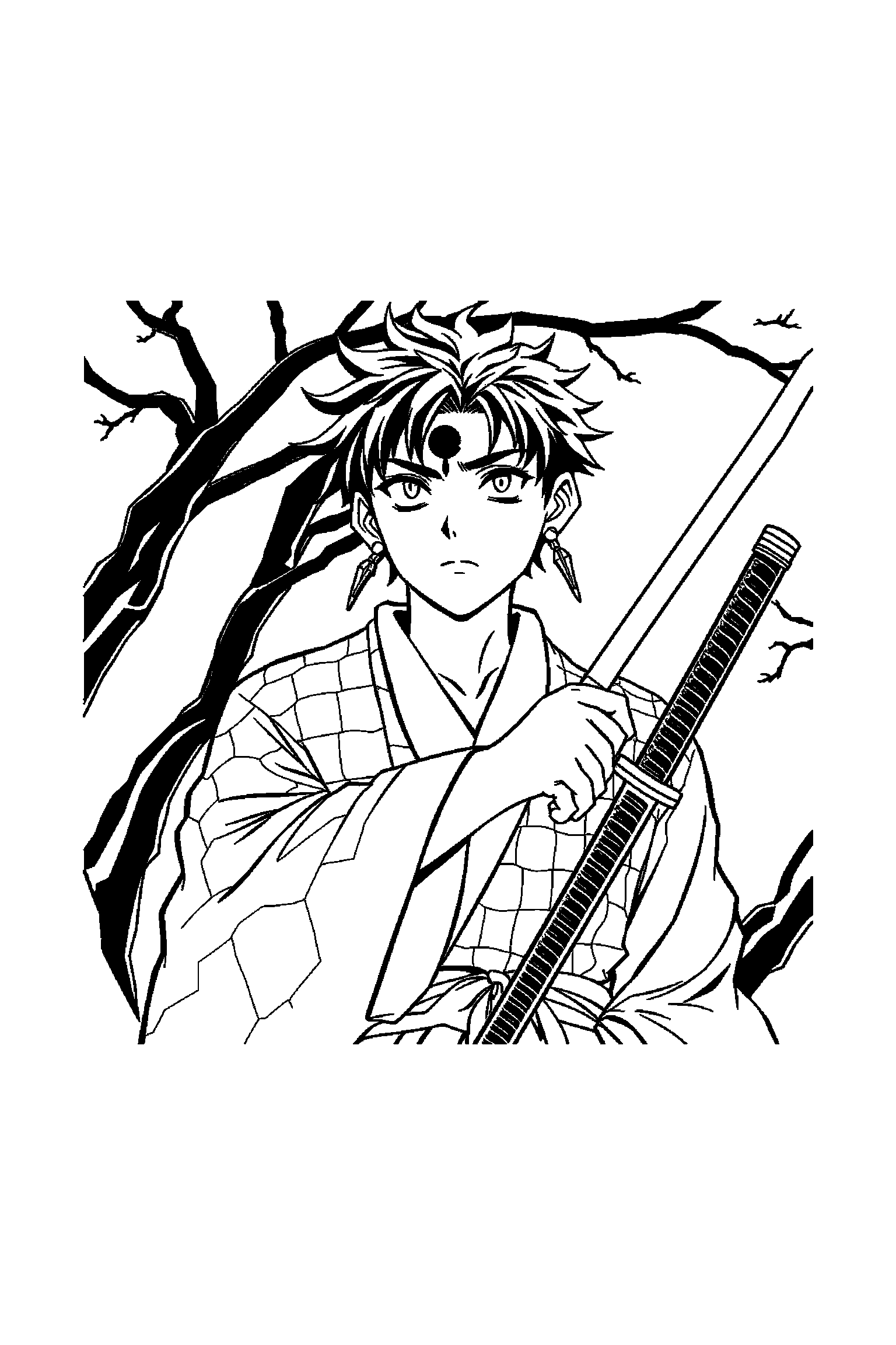 Coloriage Demon Slayer gratuit à imprimer - Tanjiro dans une forêt de bambous Coloriage Demon Slayer gratuit à imprimer : Tanjiro dans une forêt de bambous