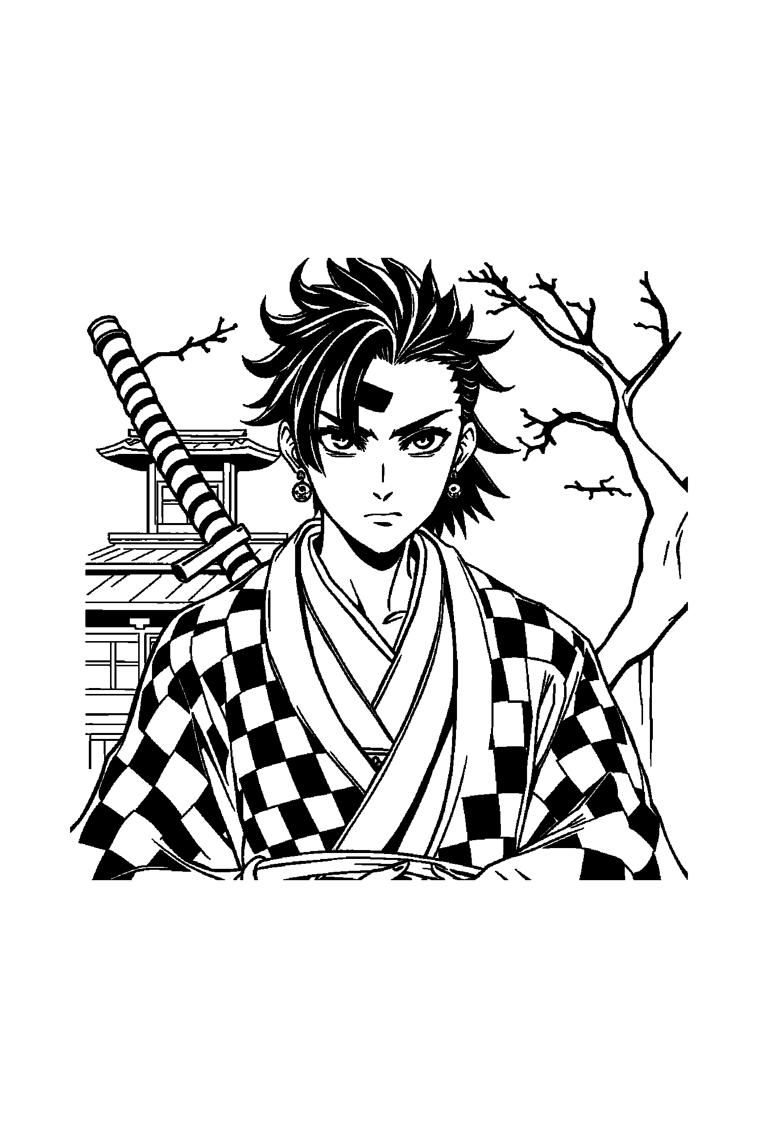 Coloriage Demon Slayer gratuit à imprimer - un pourfendeur au sabre avec deux accessoires à colorier Coloriage Demon Slayer gratuit à imprimer : un pourfendeur au sabre avec deux accessoires à colorier