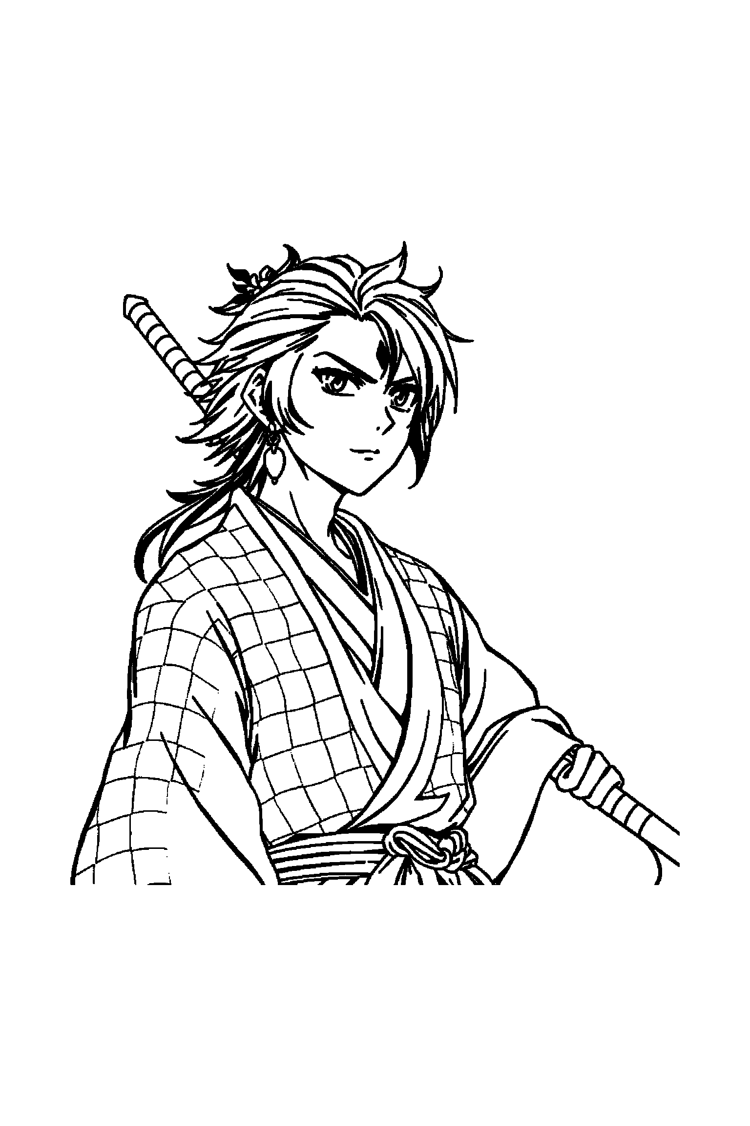 Coloriage Demon Slayer gratuit à imprimer - Tanjiro devant un fond décoré avec carreaux Coloriage Demon Slayer gratuit à imprimer : Tanjiro devant un fond décoré avec carreaux