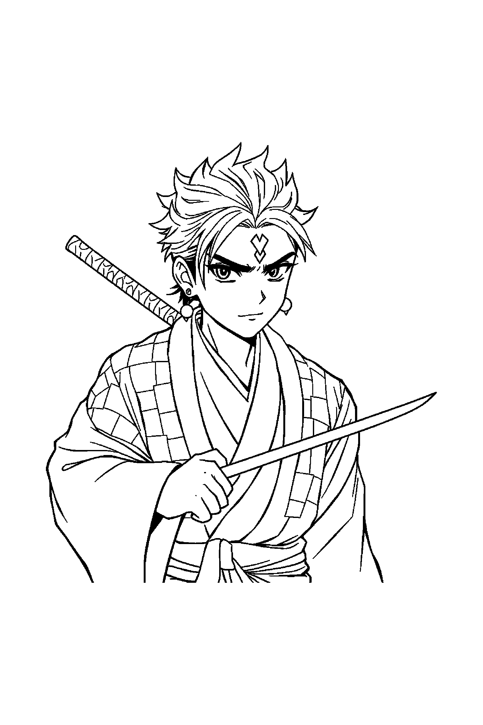Coloriage Demon Slayer gratuit à imprimer - un pourfendeur au sabre dans une scène joyeuse Coloriage Demon Slayer gratuit à imprimer : un pourfendeur au sabre dans une scène joyeuse