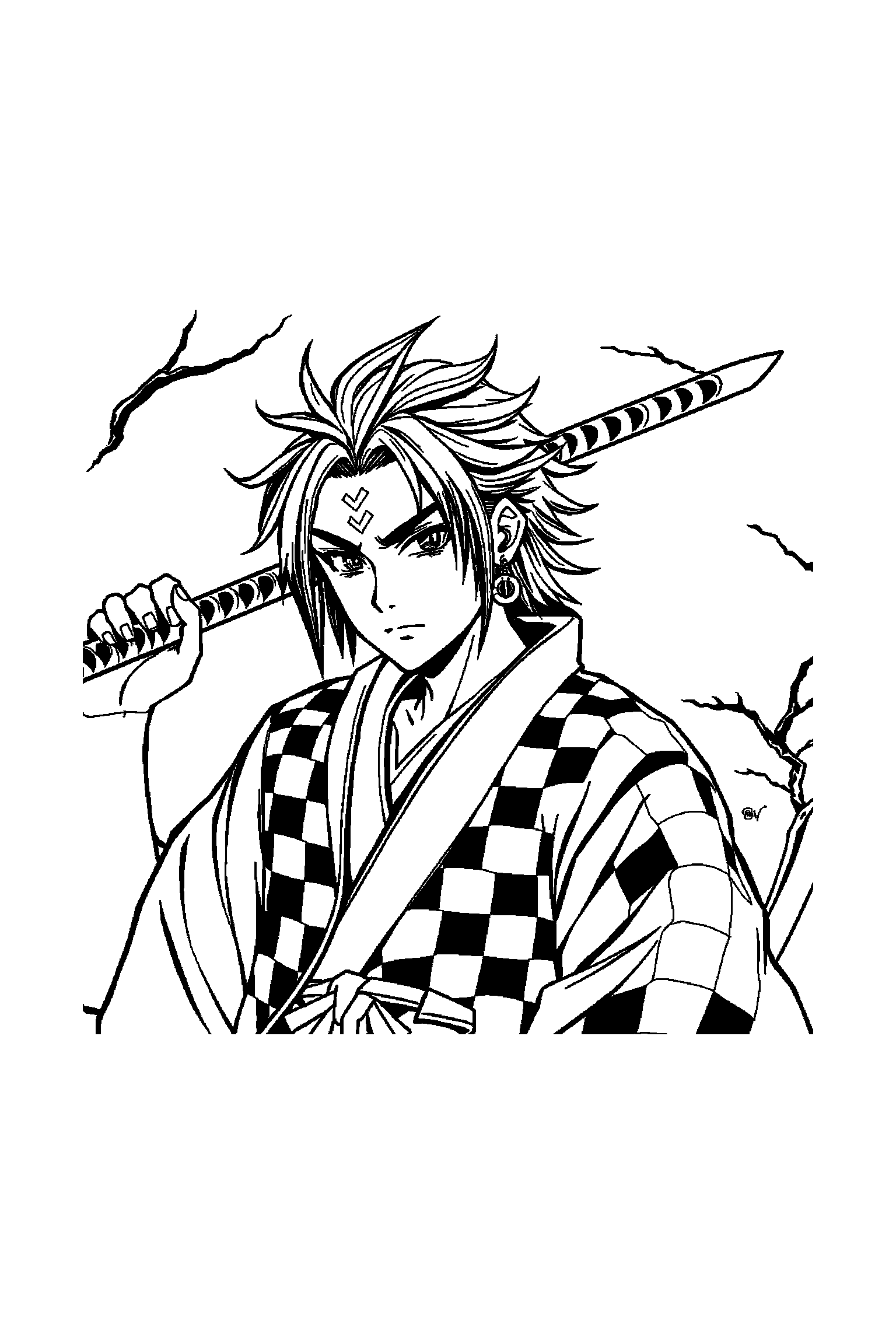 Coloriage Demon Slayer gratuit à imprimer - Nezuko entouré par des motifs flammes et de petits objets Coloriage Demon Slayer gratuit à imprimer : Nezuko entouré par des motifs flammes et de petits objets