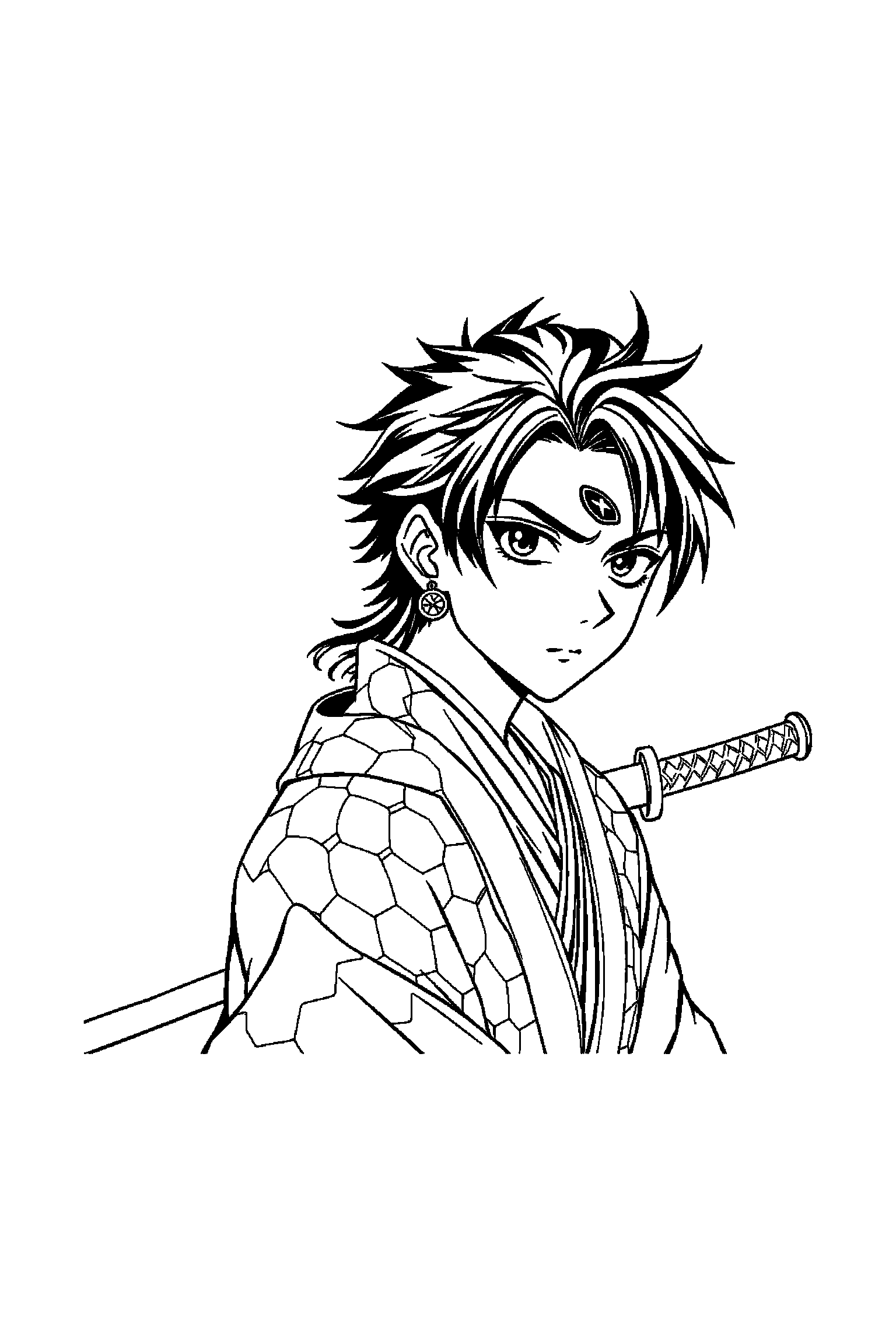 Coloriage Demon Slayer gratuit à imprimer - Tanjiro dans une petite scène avec un sabre Coloriage Demon Slayer gratuit à imprimer : Tanjiro dans une petite scène avec un sabre