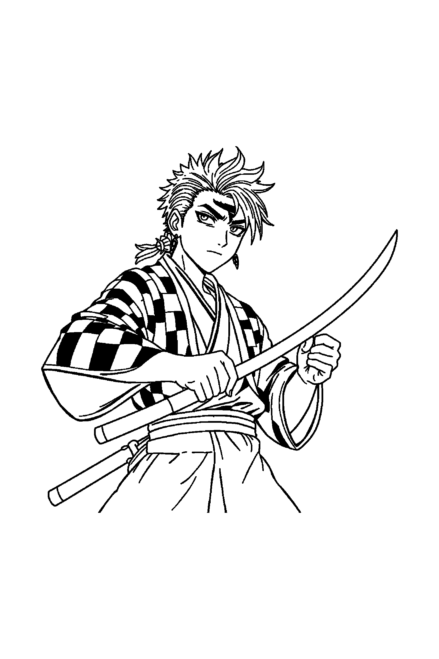 Coloriage Demon Slayer gratuit à imprimer - un pourfendeur au sabre entouré de vagues et petits détails Coloriage Demon Slayer gratuit à imprimer : un pourfendeur au sabre entouré de vagues et petits détails