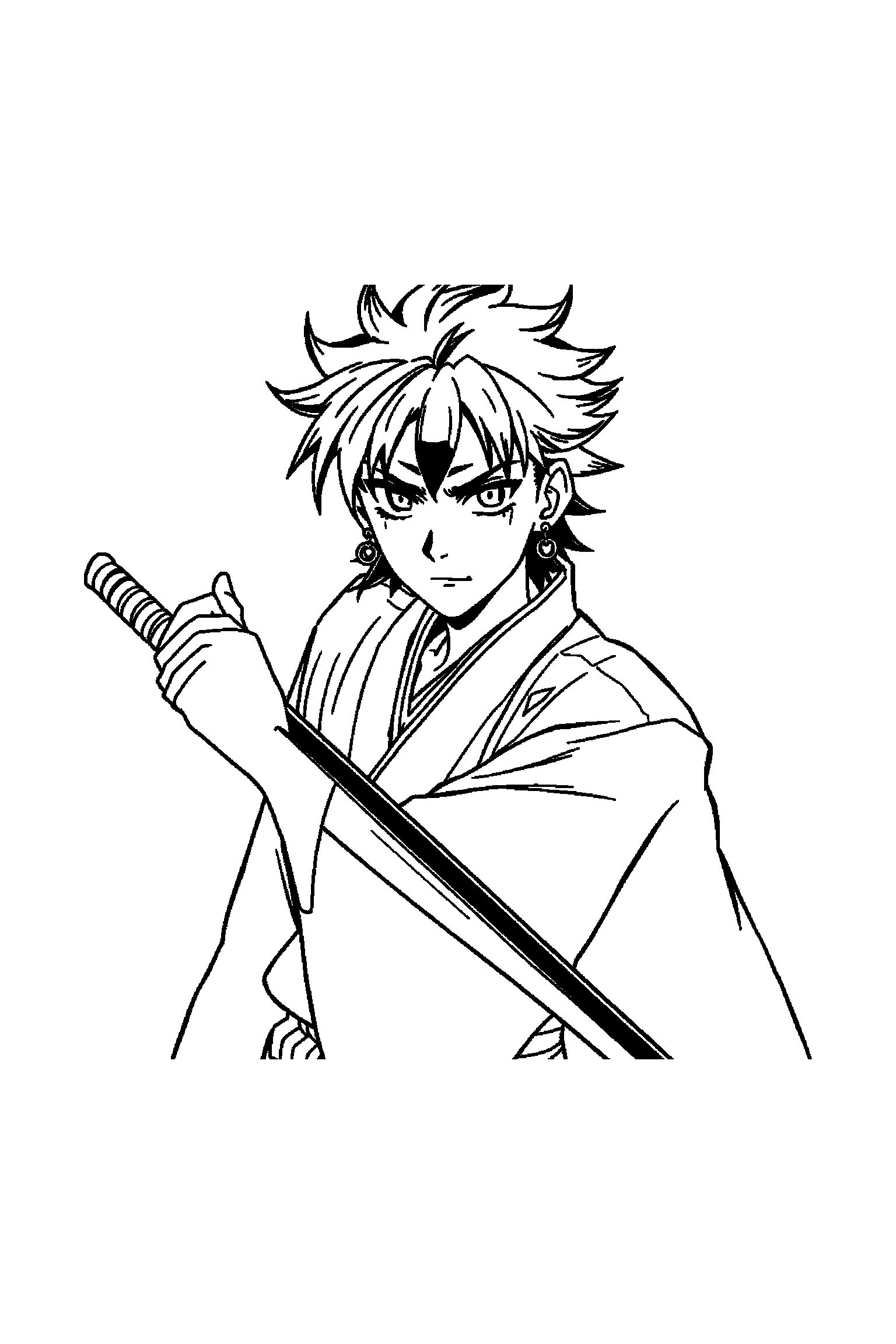 Coloriage Demon Slayer gratuit à imprimer - scène verticale détaillée avec Inosuke et une cape à motifs Coloriage Demon Slayer gratuit à imprimer : scène verticale détaillée avec Inosuke et une cape à motifs