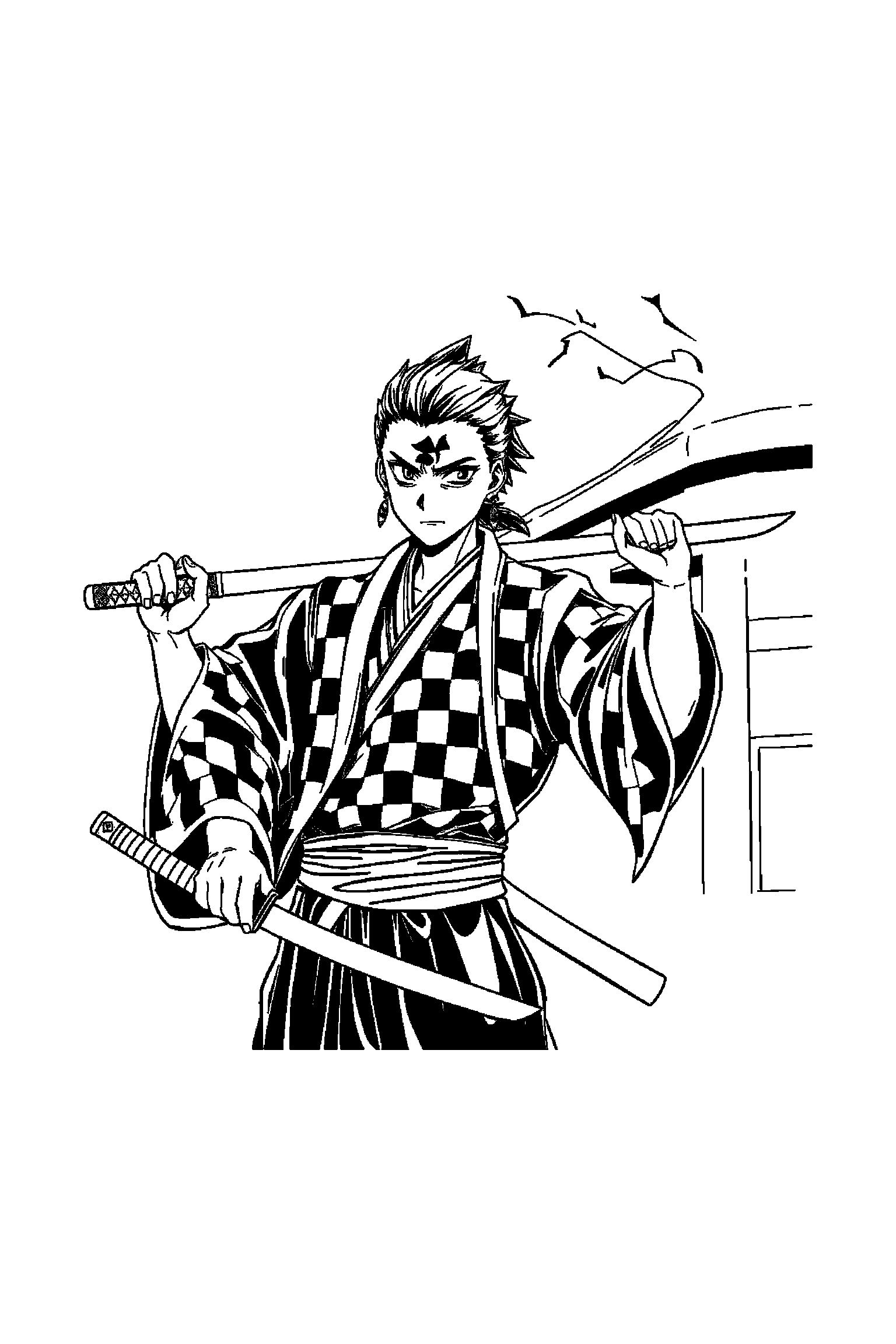 Coloriage Demon Slayer gratuit à imprimer - Nezuko au centre avec scène détaillée de un sentier de montagne Coloriage Demon Slayer gratuit à imprimer : Nezuko au centre avec scène détaillée de un sentier de montagne