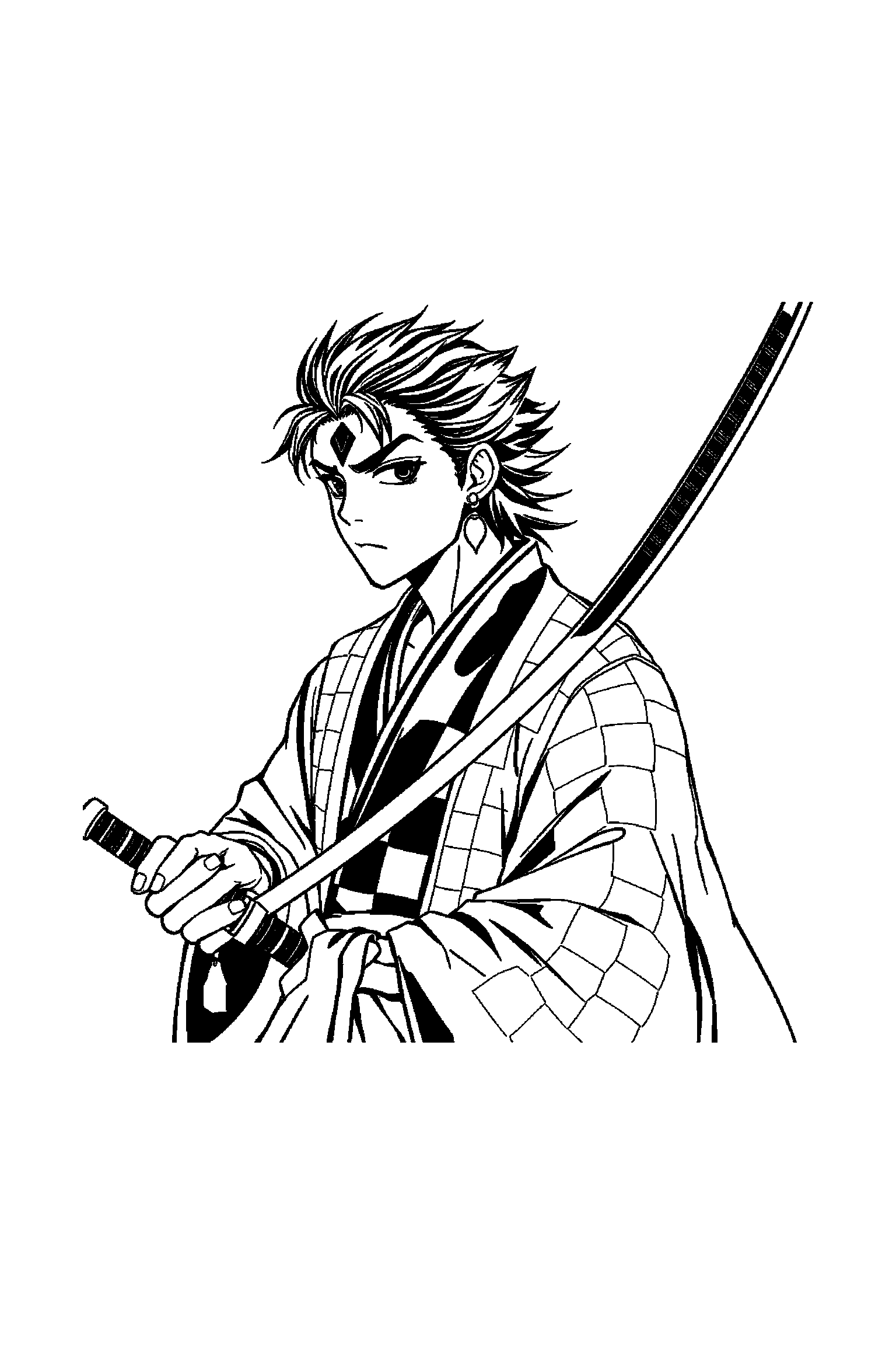 Coloriage Demon Slayer gratuit à imprimer - scène verticale détaillée avec Inosuke et une cape à motifs Coloriage Demon Slayer gratuit à imprimer : scène verticale détaillée avec Inosuke et une cape à motifs