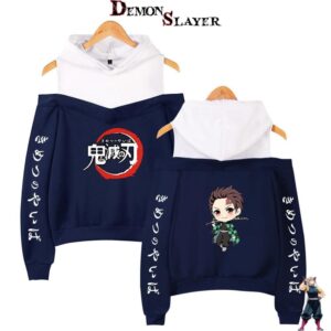 Sweat Demon Slayer Tanjiro bleu marine à épaules dénudées