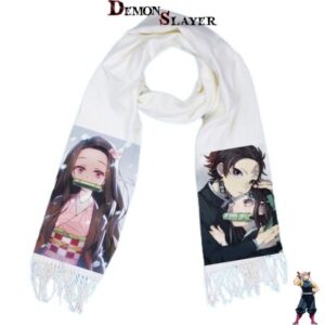 Écharpe blanche Demon Slayer avec Nezuko et Tanjiro réunis