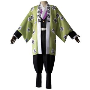 Costume Demon Slayer de Gyomei Himejima, kimono noir et haori vert