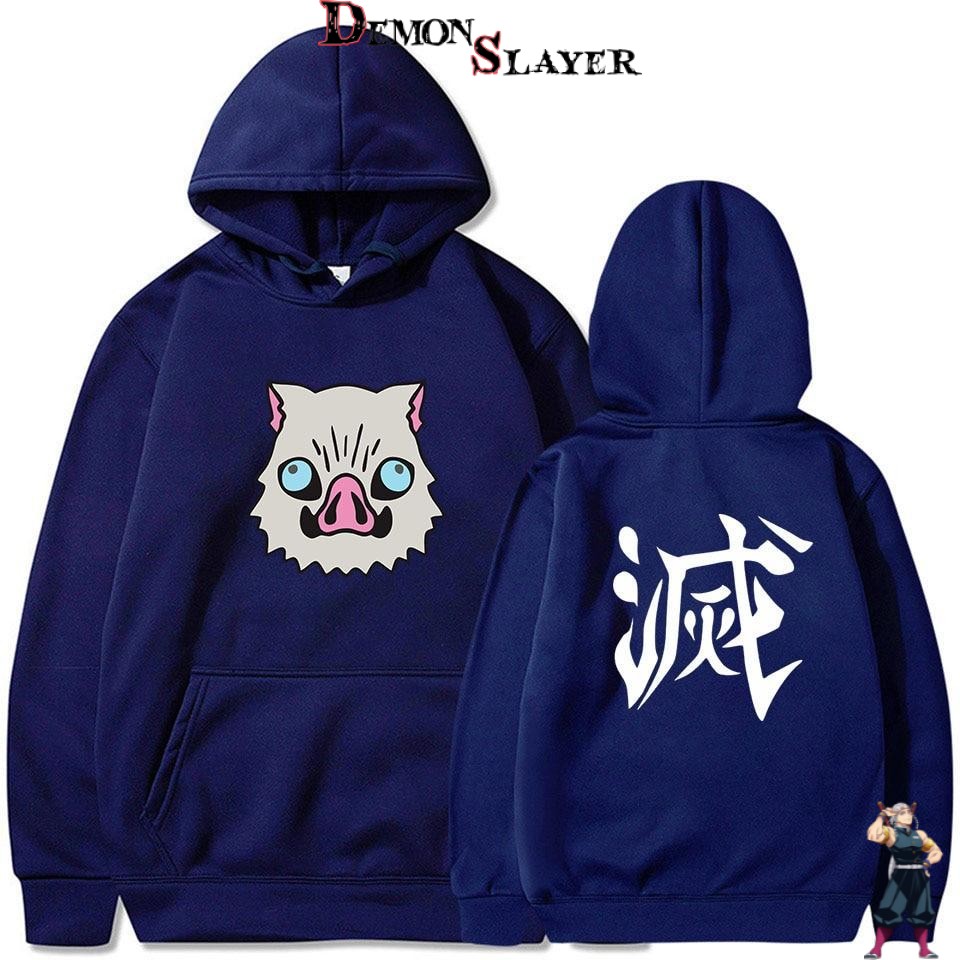 Pull Demon Slayer Inosuke Hashibira bleu navy, crocs de sanglier