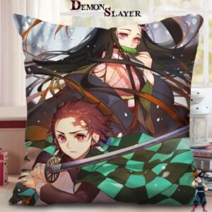 Housse de coussin Demon Slayer Nezuko et Tanjiro avec leurs katana 45 cm x 45 cm