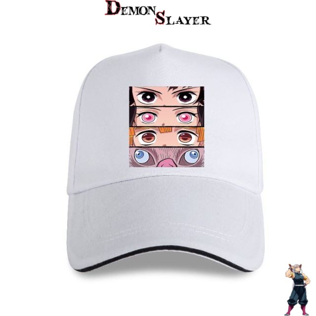 Casquette blanche Demon Slayer avec Tanjiro, Nezuko, Inosuke et Zenitsu