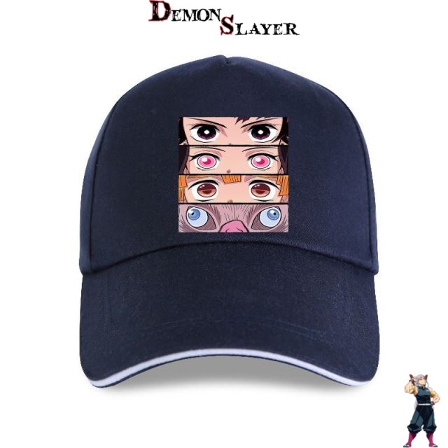 Casquette bleu ciel Demon Slayer avec Tanjiro, Nezuko, Inosuke et Zenitsu