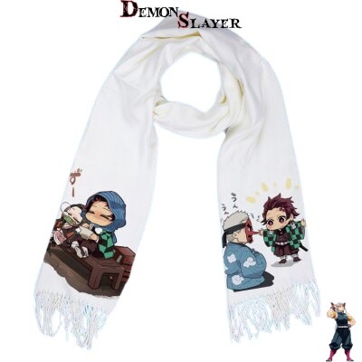 Écharpe blanche Demon Slayer avec Tanjiro et Sakonji Urokodaki